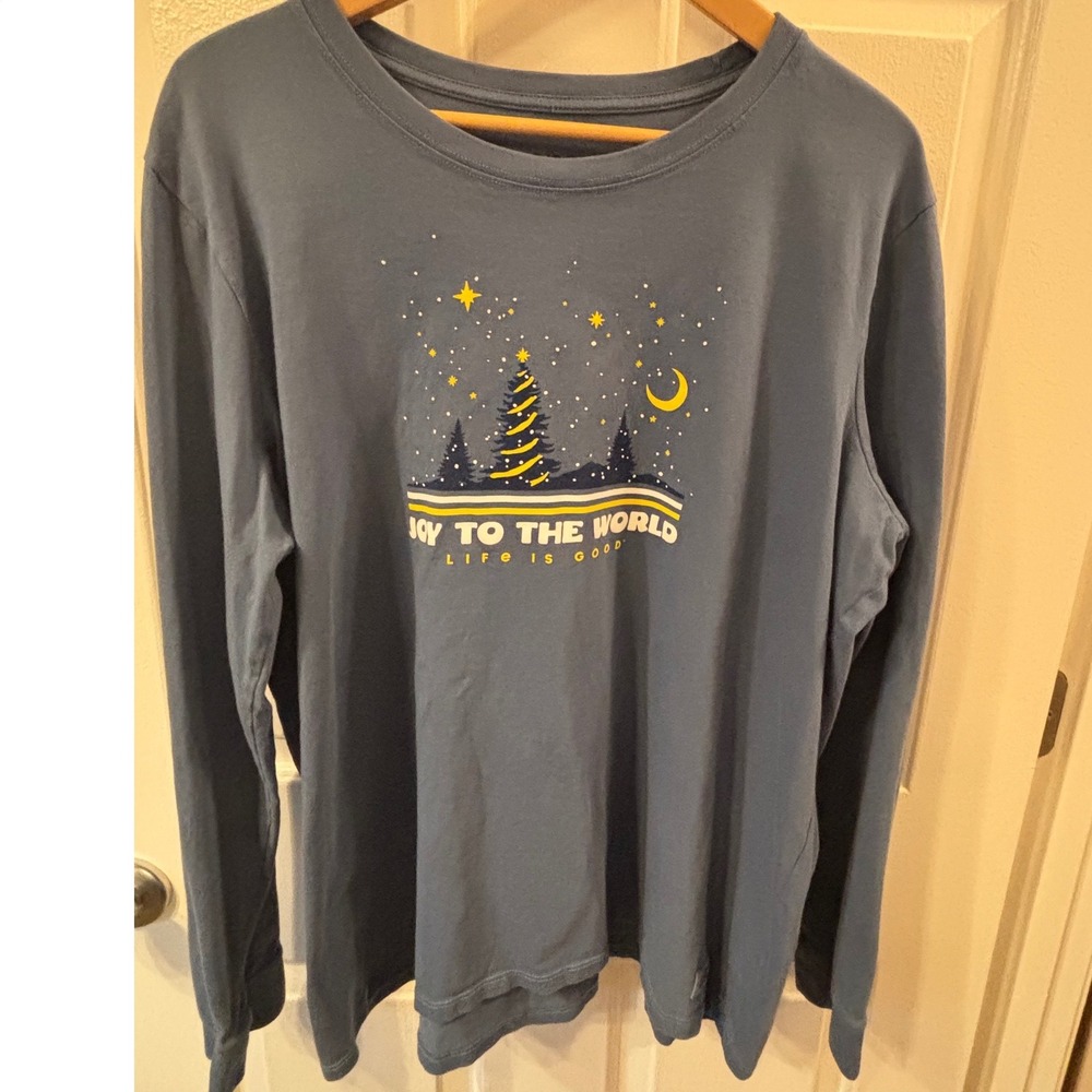 Life is Good Womens Joy to the World Christmas Tree Long Sleeve Graphic Tee Blue